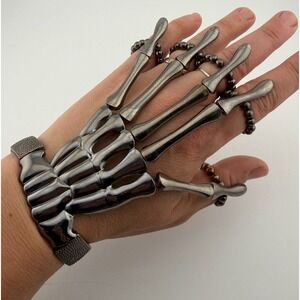 Gothic Skeleton Hand‎ Bracelet with Rings Steampunk Arm Cuff Jewelry